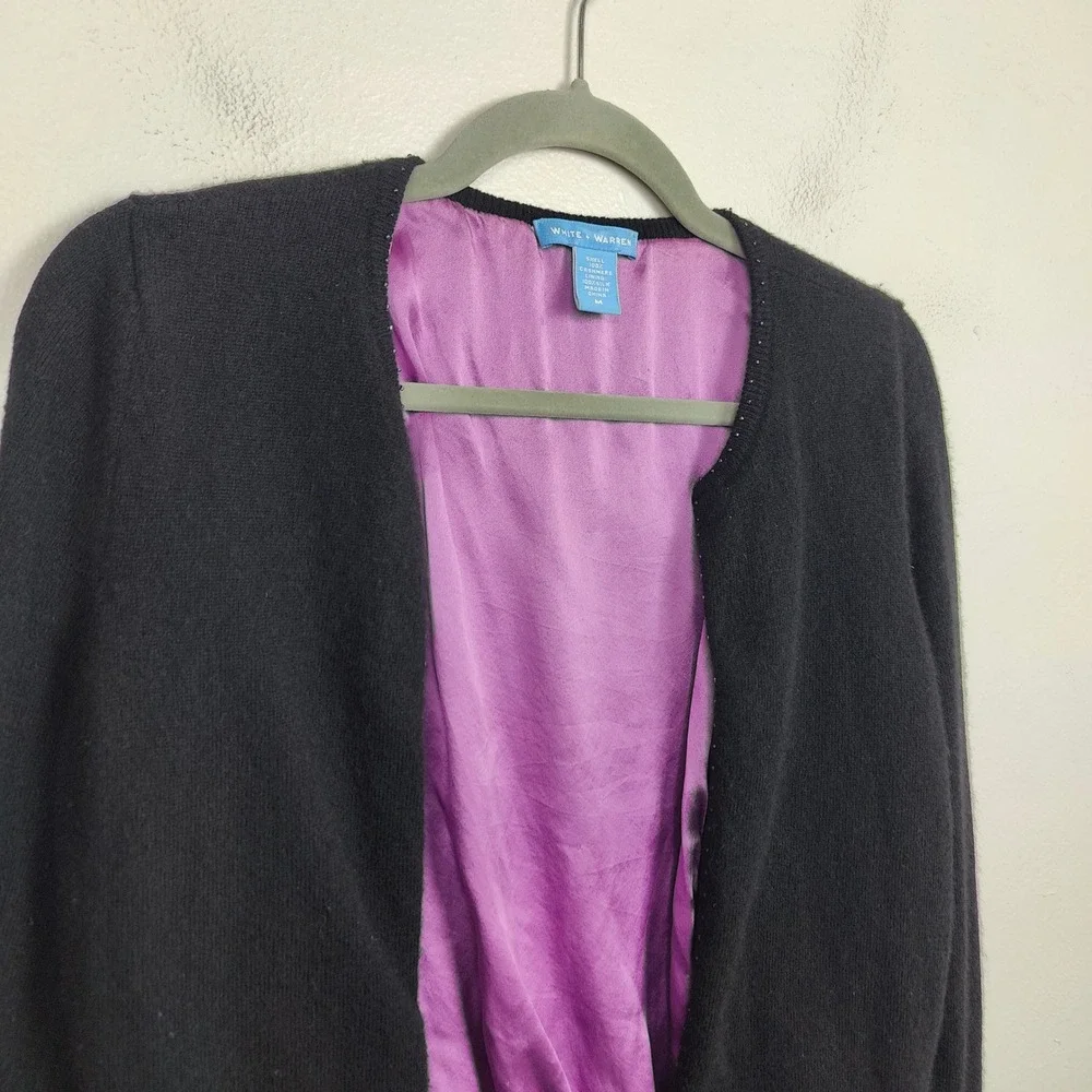 White + Warren Cashmere Cardigan‎ Sweater Womens Medium Black Purple Silk Lining